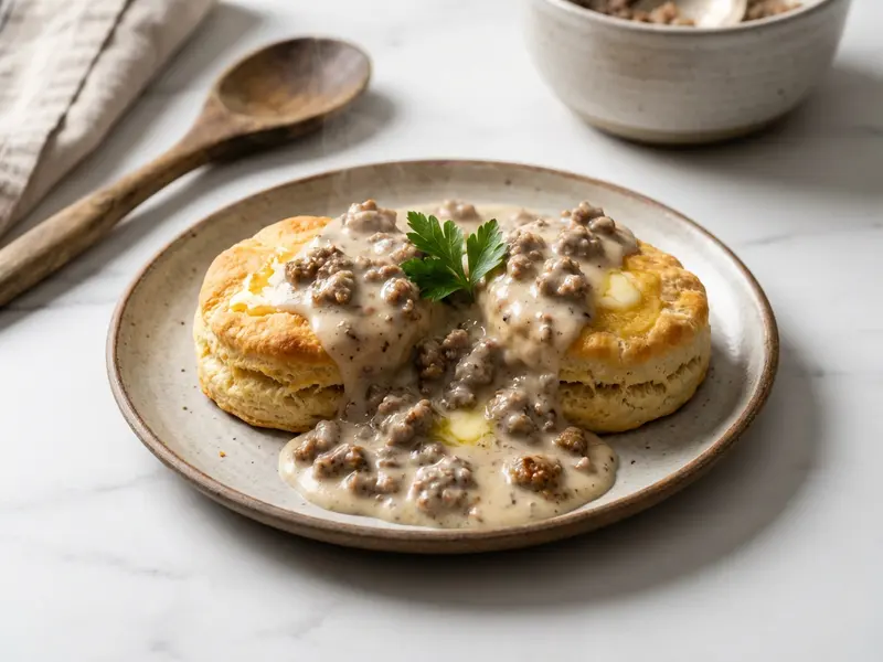 Creamy Hamburger Sausage Gravy with Biscuits