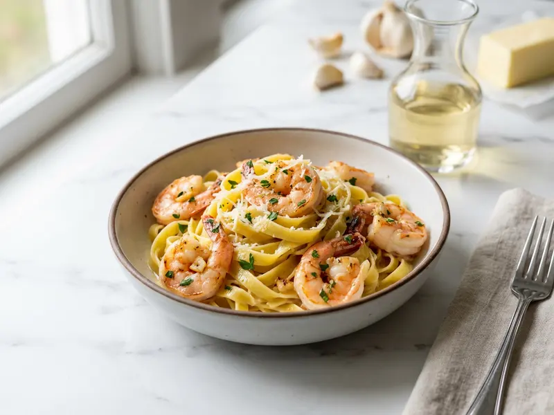 Shrimp Pasta in White Wine Butter Sauce