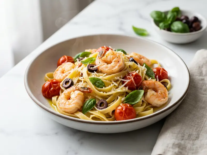 Fettuccine with Shrimp Tomatoes and Basil