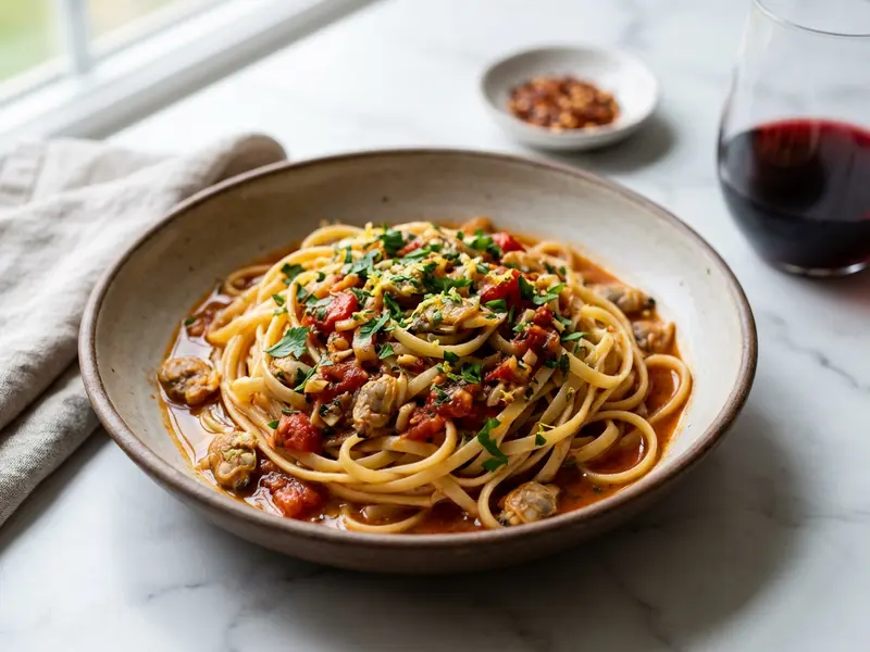 Linguine z czerwonym sosem z małży