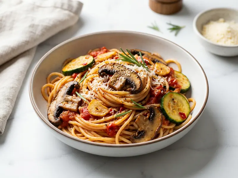 Spaghetti with Tomato, Chili, Mushroom and Zucchini
