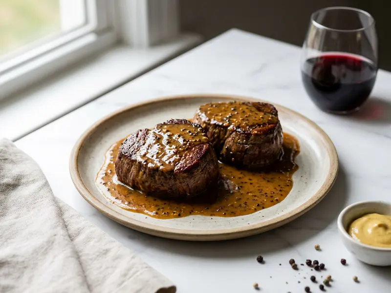 Pan Fried Steak with Mustard Pepper Sauce