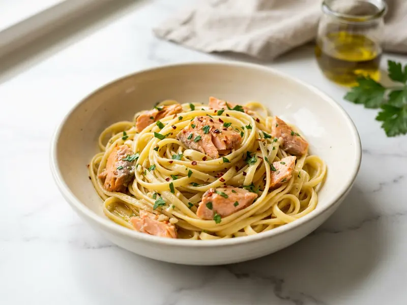Garlic Salmon Linguine