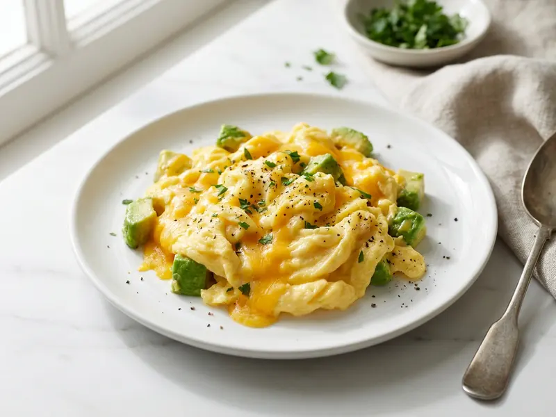 Scrambled Eggs with Avocado and Cheddar