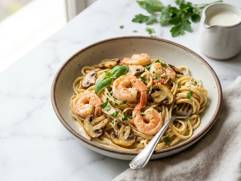 Kremowe linguine z krewetkami i pieczarkami