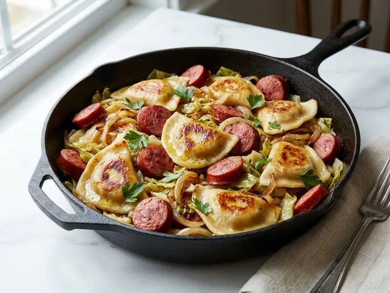 Zapiekanka z pierogami i kiełbasą na patelni