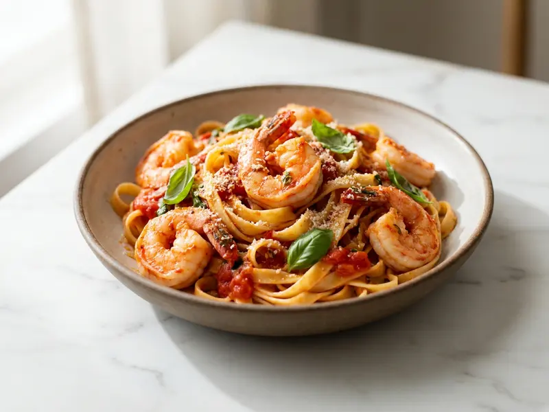 Fettuccine z krewetkami w sosie pomidorowo-czosnkowym
