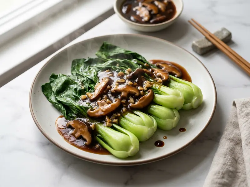 Pan-Steamed Asian Greens with Shiitake Sauce