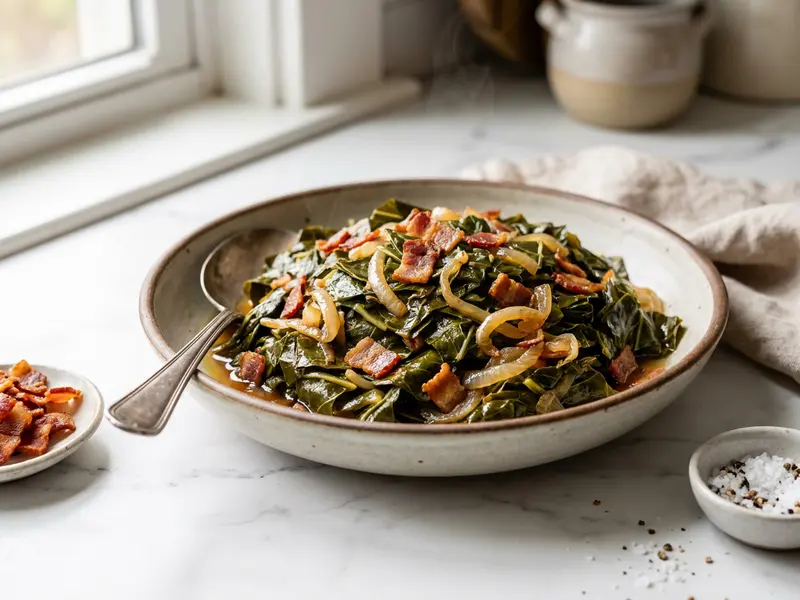Braised Collard Greens with Bacon and Sweet Onions